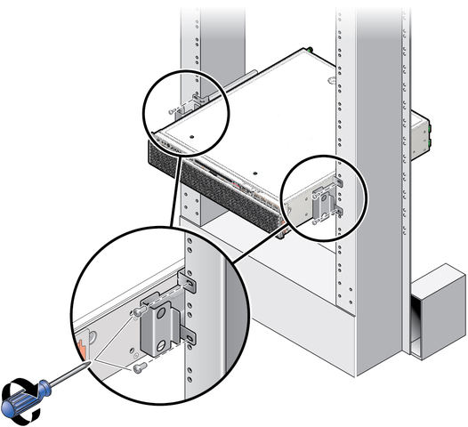 image:Figure showing how to secure the server in a two-post rack.