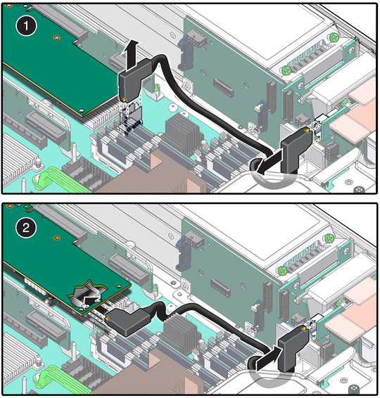 image:Figure showing the Sun Storage 6 Gb PCIe SAS RAID HBA cabling instructions.