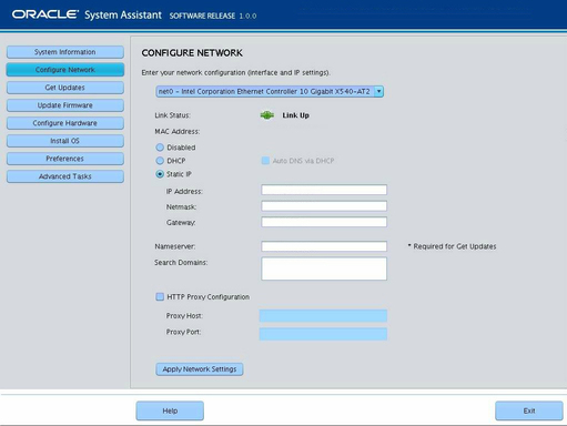 image:This figure shows the Configure Network screen in Oracle System Assistant.