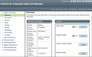 image:Graphic showing the Oracle ILOM System Information Summary page.