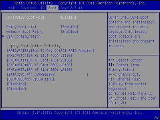 image:BIOS Boot menu screen showing Legacy mode selected.