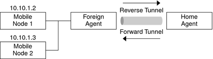 image:Illustrates the network topology of two privately addressed mobile nodes that use the same care-of address when registered to the same foreign agent.