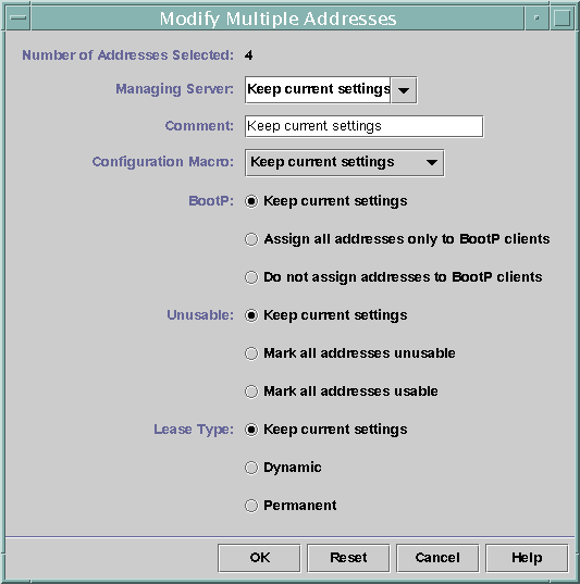 image:Dialog box shows pull-down lists labeled Managing Server and Configuration Macro. Shows selections for BOOTP, Unusable addresses, and Lease Type.