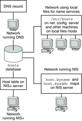 image:This figure shows the various how the DNS, NIS, NIS+ name services and local files store the hosts database.