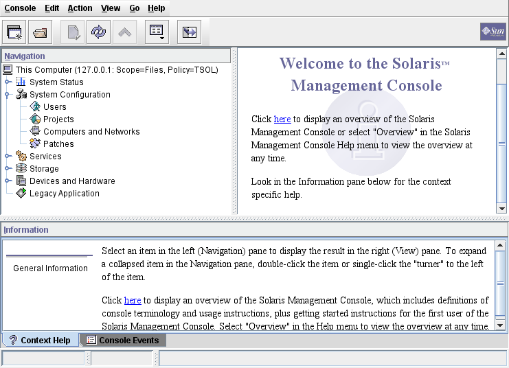 image:Graphic shows the Solaris Management Console welcome window.