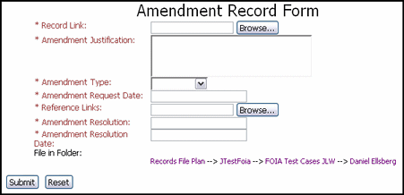 Surrounding text describes the Amendment Record Form.