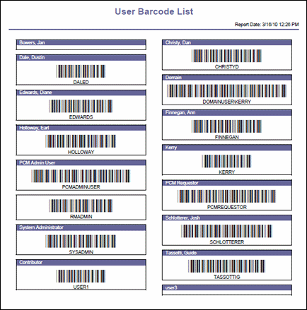 Surrounding text describes a user barcode report.