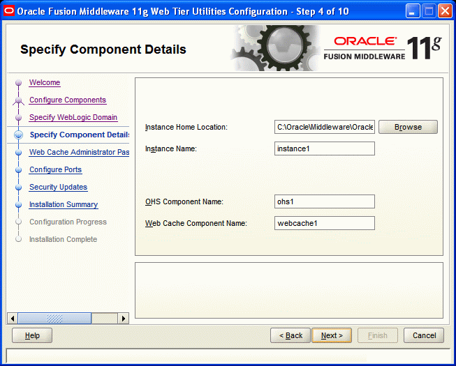 Specify Component Details screen