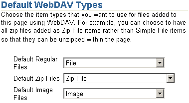 Default WebDAV Types section with specific type selections