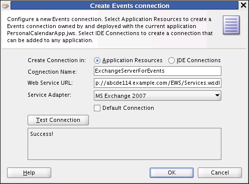 This graphic shows the Create Events Connection dialog.
