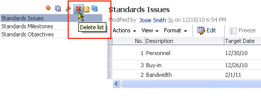 Delete List icon on Lists page