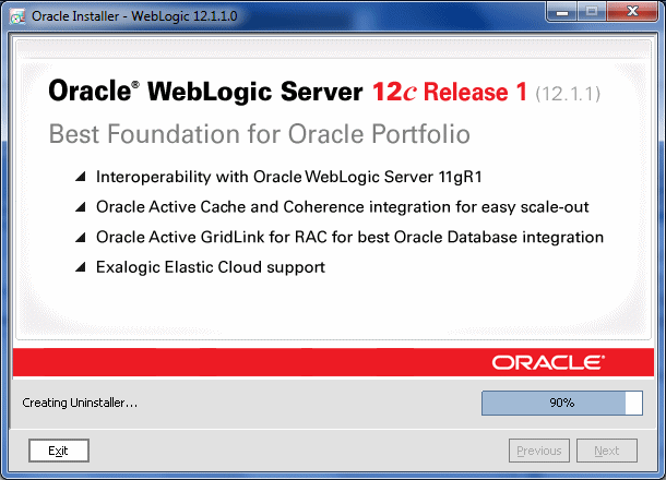 WebLogic Server Installer Status screen