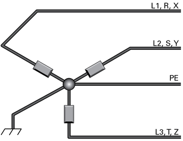 image:Figure showing a three-phase, center-point grounded star AC power source diagram.