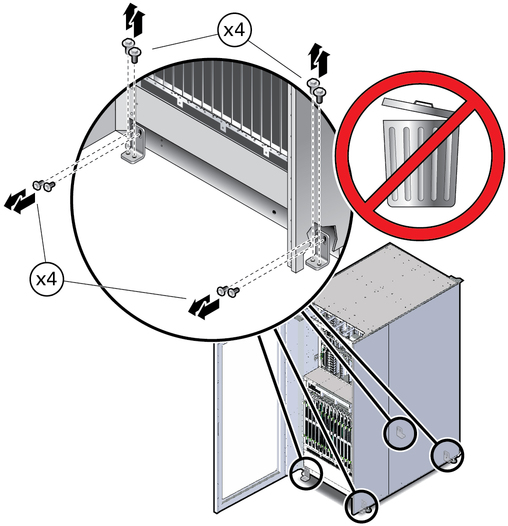 image:Figure showing the location of the mounting brackets and chassis bolts, both of which can be used to secure the server to floor.