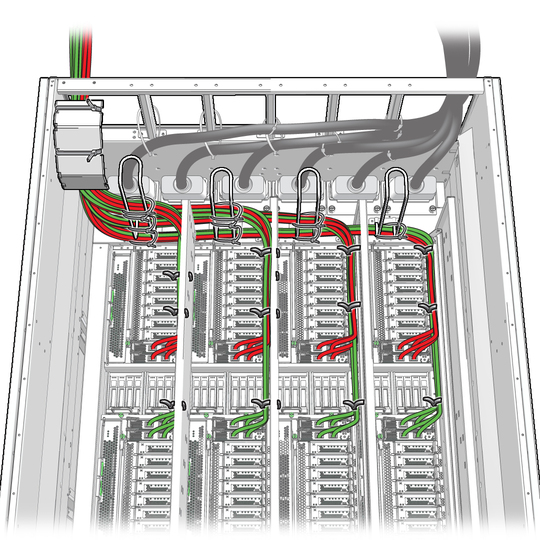 image:Figure showing how to route and secure the data cables and power cords through the top of the server.