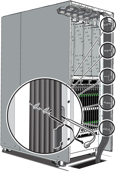 image:Figure showing how to route and secure the power cords to the left of the door latch bracket and through the bottom of the server.