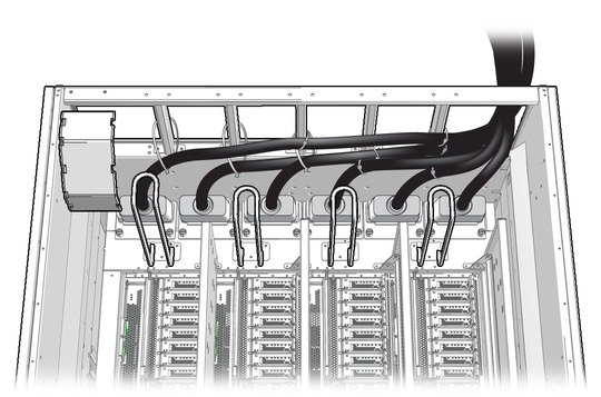 image:Figure showing an example of the power cords being routed up out the server.