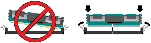 image:Figure shows the incorrect and correct ways to insert a DIMM. 