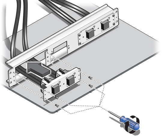 image:Figure shows the two screws that hold each I/O data cable subassembly to the support bracket.