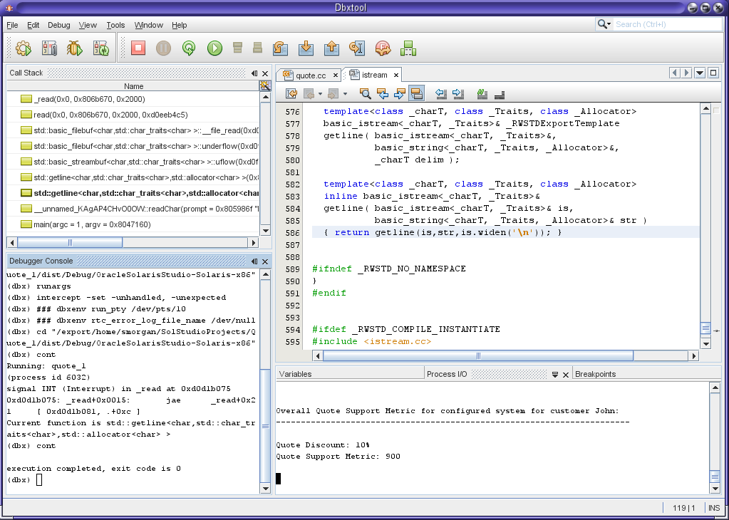 image:Screen Capture of dbxtool with dbx Debugger Running