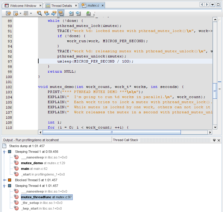 image:Editor window showing the source code where the mutex_thread function is called