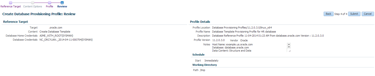 Review DB profile using database template