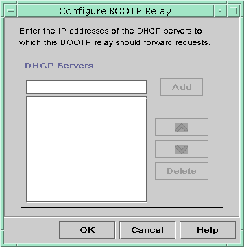 image:El cuadro de diálogo muestra el campo de entrada DHCP Servers, con un botón Add. Muestra una lista vacía, con flechas arriba y abajo y un botón Delete.