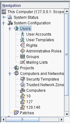 image:En la ventana se muestra el nodo de configuración del sistema con las herramientas de Users y las herramientas de Computers and Networks.