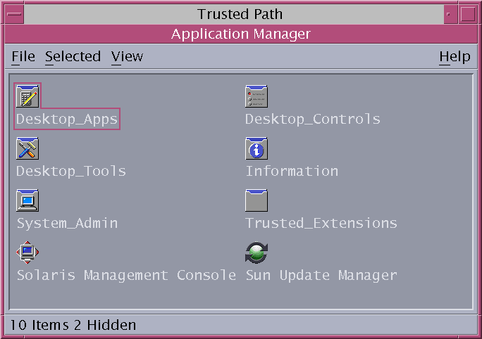 image:La boîte de dialogue intitulée Application Manager contient des dossiers, notamment le dossier Trusted_Extensions. 