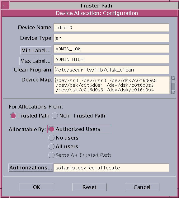 image:La boîte de dialogue intitulée Device Allocation Configuration (Configuration de l'allocation des périphériques) affiche les paramètres de sécurité par défaut pour une unité de CD-ROM.