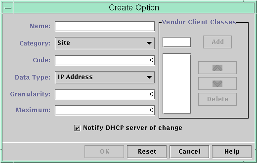 image:ダイアログボックスには、新しいオプションの属性を定義する一連のフィールドが表示されています。さらに、「ベンダークライアントクラス (Vendor Client Classes)」領域と「(Notify DHCP server)」チェックボックスが表示されます。