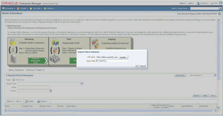 Graphic shows the metric extension in the Enterprise Manager Console.