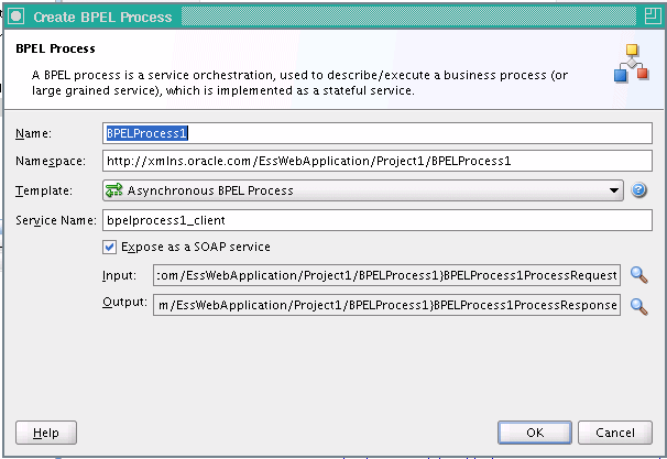 Create BPEL Process dialog for new BPEL process