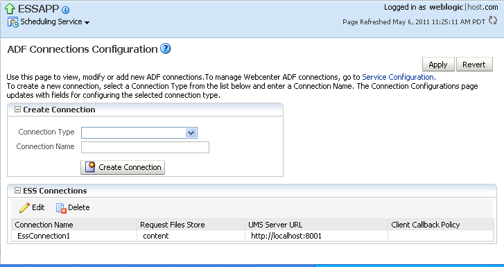 The ADF Connections Configuration page
