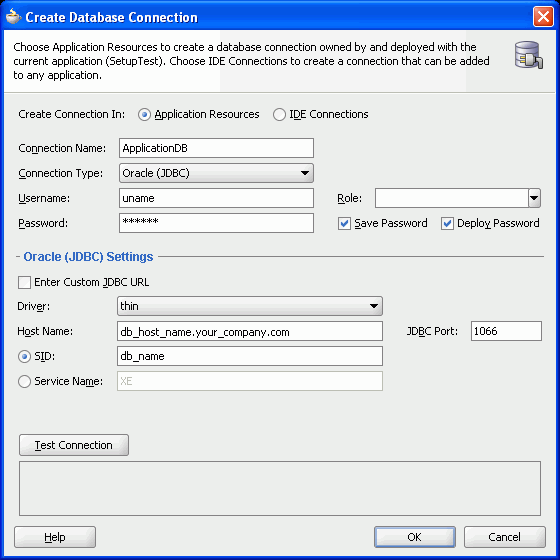 Create Database Connection dialog
