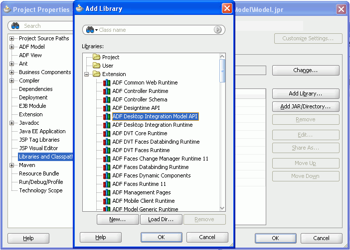 Add Library Dialog showing Model API library.