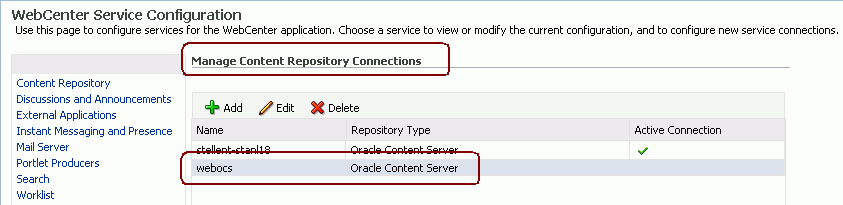 Manage Content Repository Connections Page
