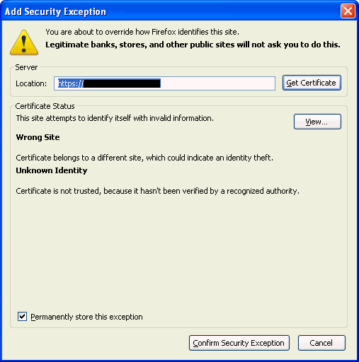 graphic shows the add security excpetion dialog.