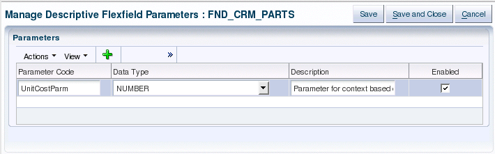 Manage Descriptive Flexfield Parameters page