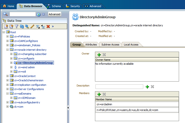 odsm Directory Admin Group screen