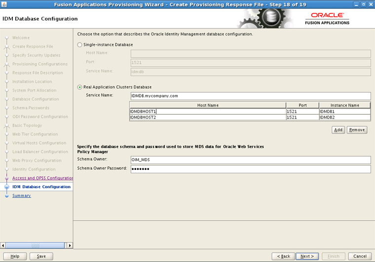 IDM Database Configuration Screen
