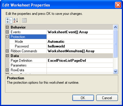 Design Time View of Worksheet Protection Mode