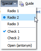 Types of menu items are check, radio, and antonym