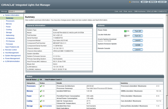 image:An screen shot showing the Oracle ILOM summary screen.