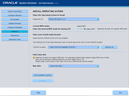 image:A screen capture showing the Oracle System Assistant Install OS screen.