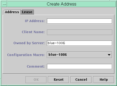 image:Dialog box shows Address tab, which includes fields IP Address, Client Name, Comment. Shows pull-down list called Configuration Macro.
