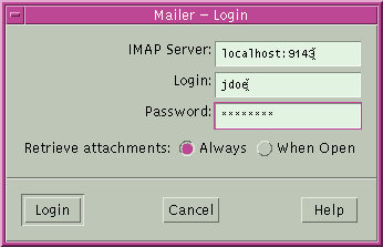 image:Dialog box titled Mailer - Login. The IMAP Server field shows the server name followed by a colon and the port number.