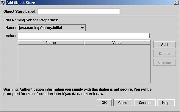 Screenshot of admin console Add Object Store window.