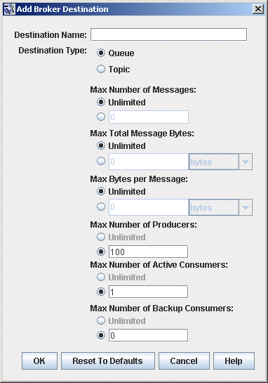 Screenshot of admin console Add Destination window