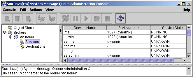 Screenshot of admin console Services page.